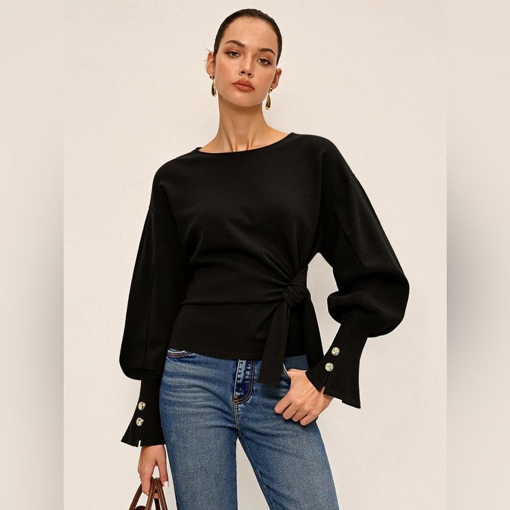 Commense Twist Knot Balloon Sleeve Sweatshirt